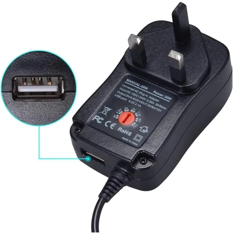 Universal Power Supply 30W with 8 Tips Adapter 3V-12V Black  Adapter for Tablets Cameras USB Charging Other Appliances