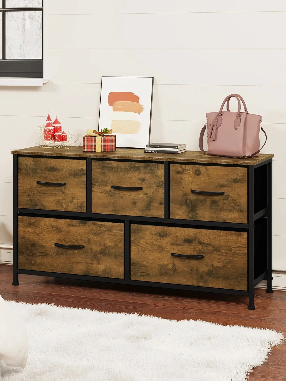 WOLTU TV-Schrank, Sideboard, 5 Schubladen, Stoffkommode, Aufbewahrungseinheit, 2-stufiger Kleiderschrank für Wohnzimmer, Schlafzimmer, Flur