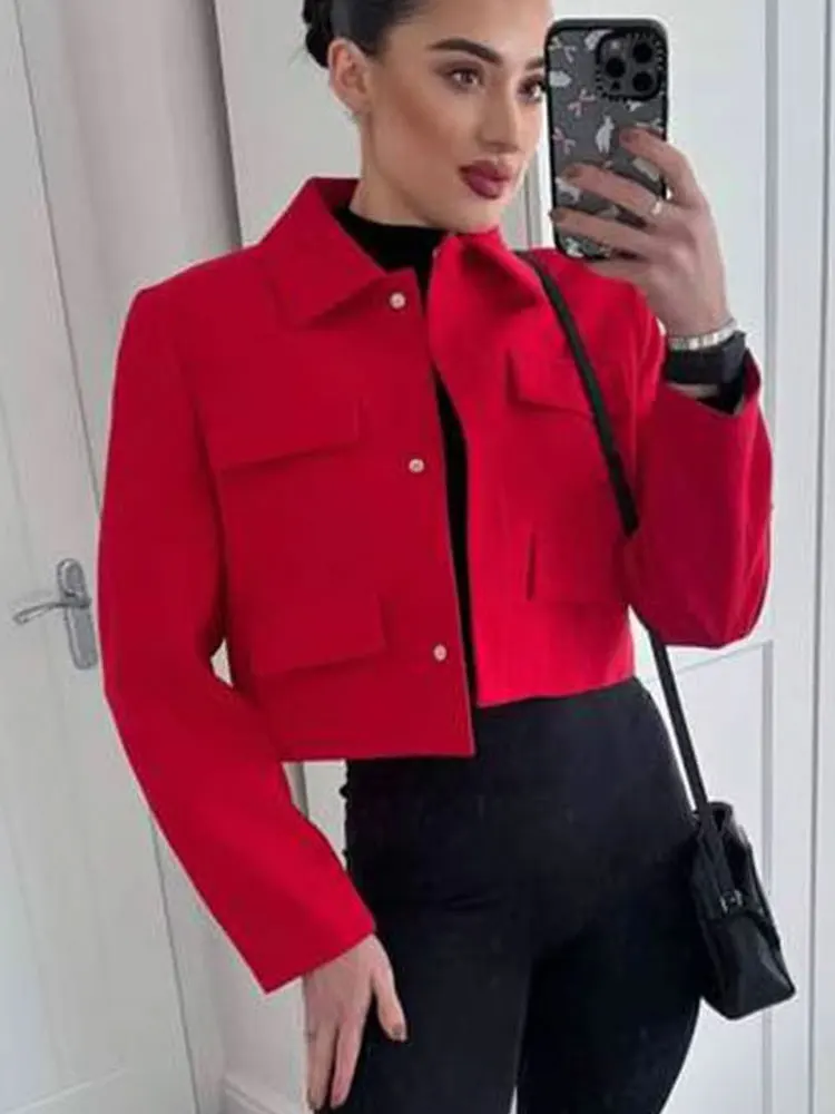 

HH женские осенние уличные модные укороченные куртки с карманами и длинными рукавами с лацканами, однотонные повседневные пальто с тонким передним клапаном