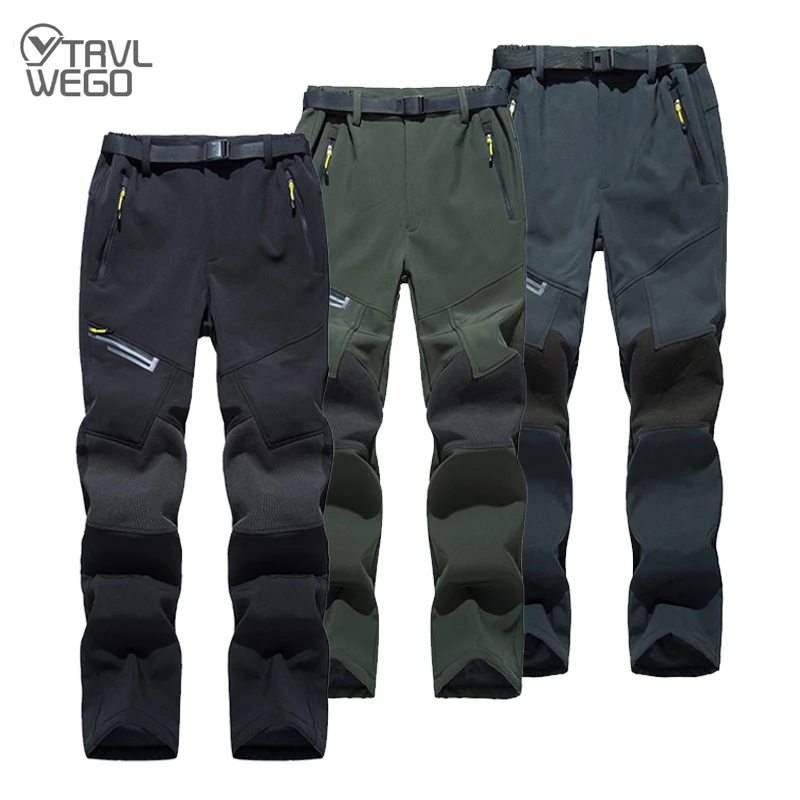 TRVLWEGO Men's Winter Trekking Pants Camping Fleece Lined Ski Snow Pants Water Resistant 4 Zip Pockets Outdoor Hiking Trousers