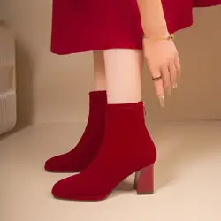 White Ankle Boots Winter Shoes For Women Boots-Women Low Red 2024 High Heel Ladies Autumn Flock Winter Boots Lady Women Shoes Au