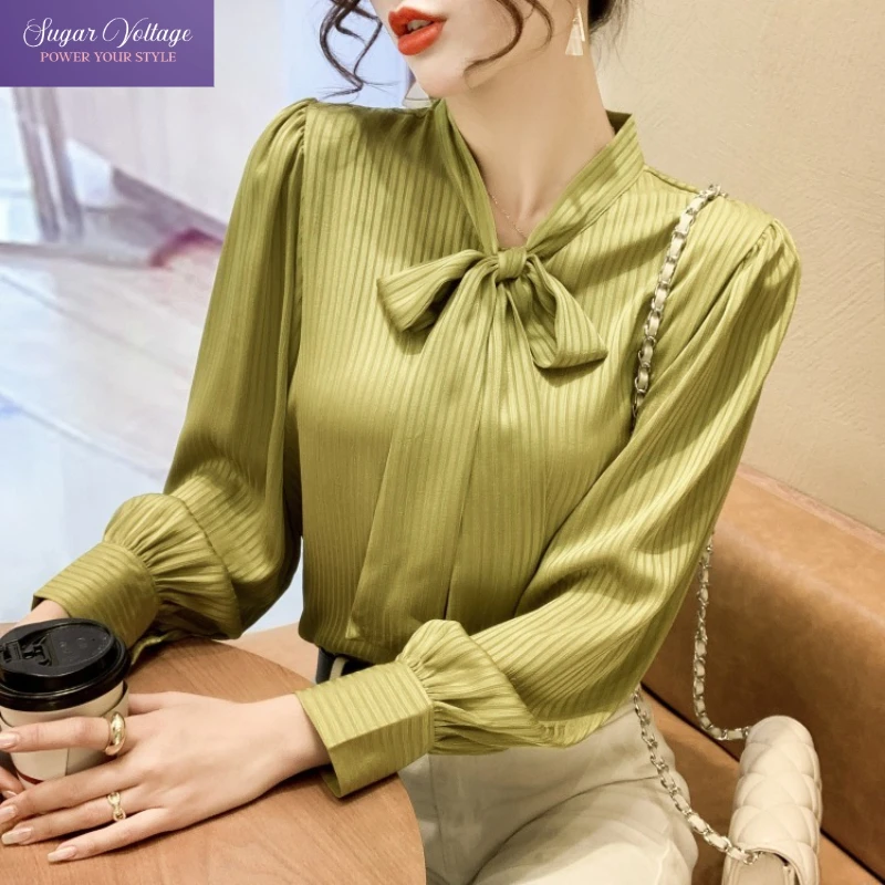 

Autumn Casual Bow Tie Loose Blouse Women Pretty Striped Chiffon Shirt with Bow Tie Long Sleeve Elegant Chic Office OL Tops Y2K