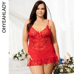 Ohyeahlady Women's Sexy Nightgowns Floral Pattern Transparent Mesh Nightie Sleepwear Plus Size Babydoll Lace Lingerie with Panty