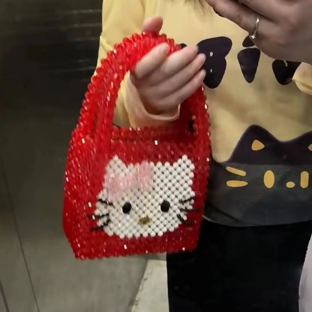 Hello Kitty Fashion Crystal Beaded Evening Handbag Kawaii All-match Children Y2k Travel Beach Bag Pearl Chain Tote Pouch Gifts