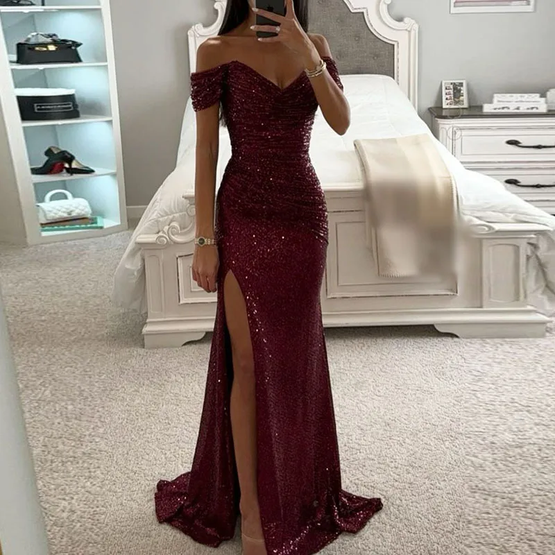 Women Slash Neck High Split Gown Evening Dress Sequins Sharkly Slim Hips Long Dress Spring Summer Off Shoulder Hollow Maxi Dress