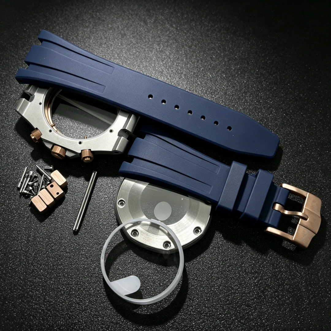 Black Rose Gold 41MM Rubber Steel Style Case Strap Watch Parts Buckle for Oak 31.8mm Dial VK63 Quartz Movement Watch Pointer Kit view 4