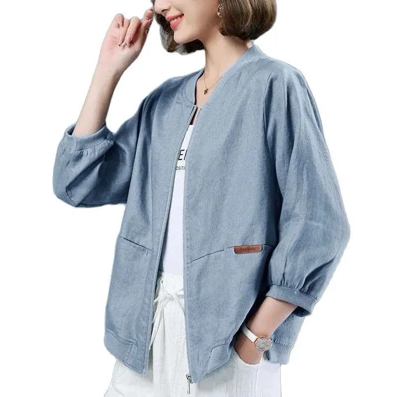 Cotton Linen Sunscreen Clothing Ventilate Summer Autumn Thin Women\'s Coat 2023 New Casual Short Jacket Female Outerwear Tops