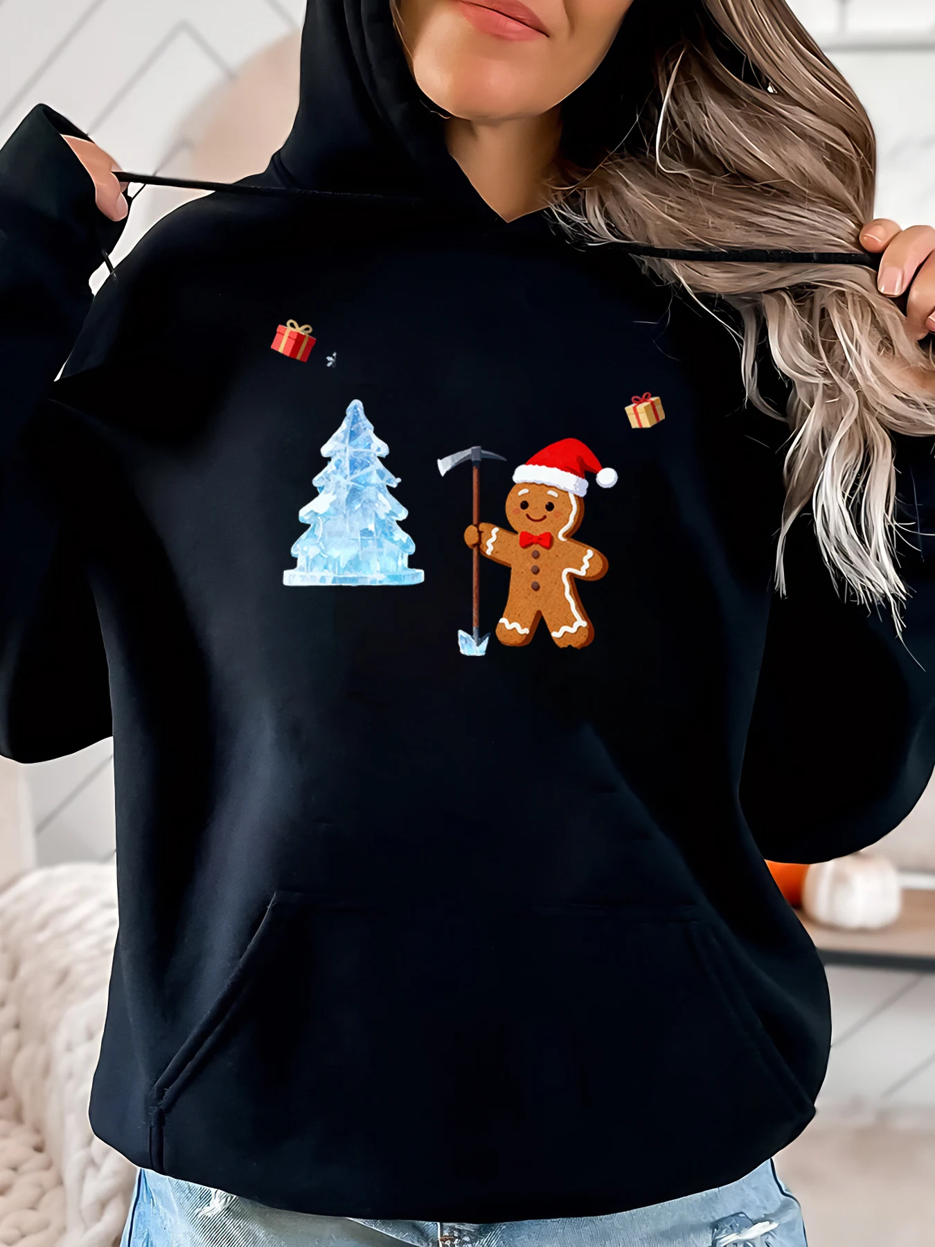 Sweat à capuche imprimé bonhomme en pain d'épice avec arbre à glace pour femme, tenue décontractée de vacances, noir, grande taille