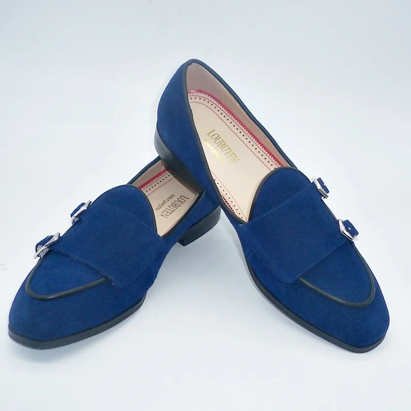 

Navy Blue Monk Strap Shoes For Men British Style Handmade Suede Loafers Summer Dress Shoes Man Wedding Shoes