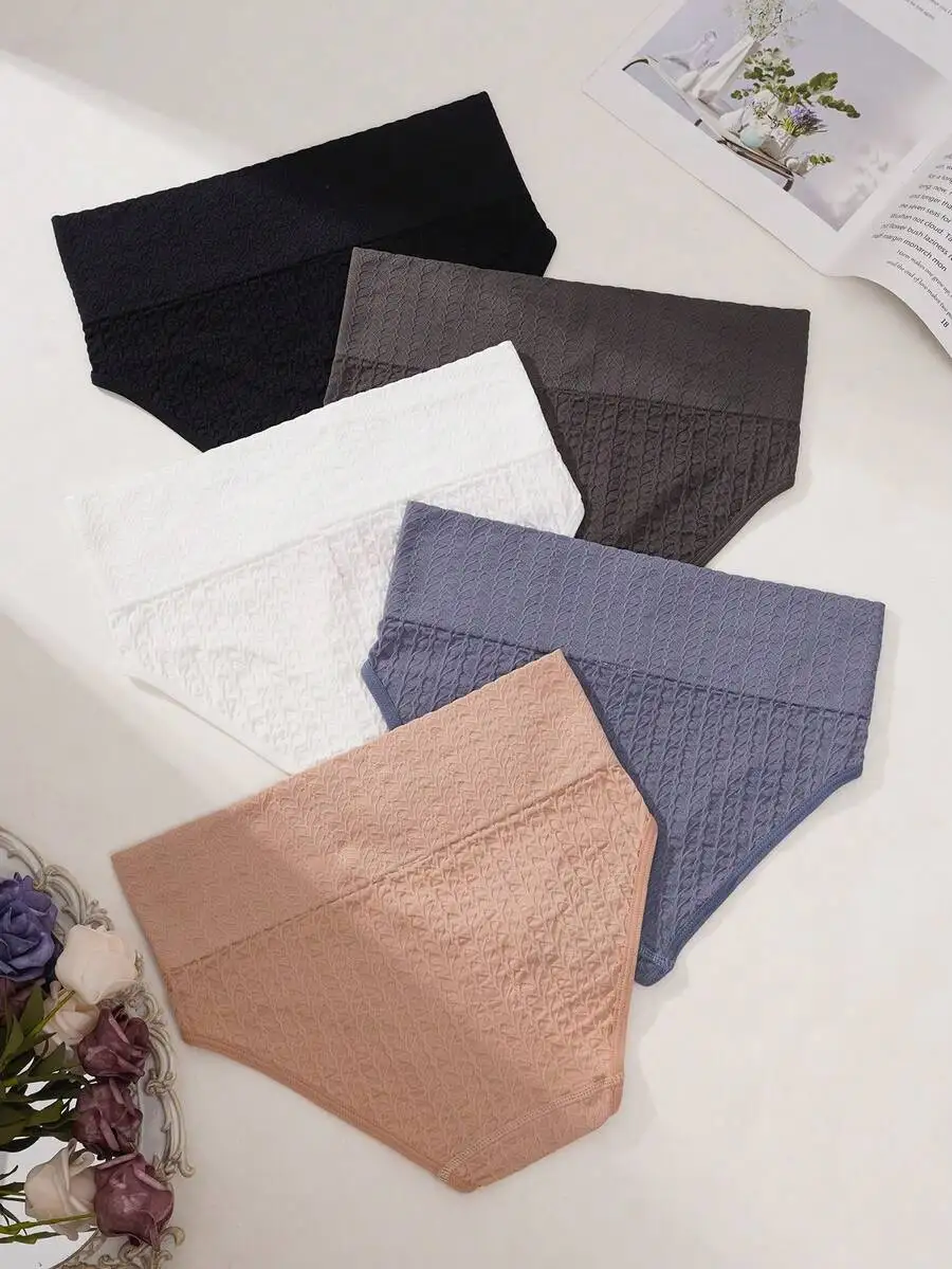 

5pcs Women Wheat Ear Jacquard Pattern High-Rise Briefs Underwear Set