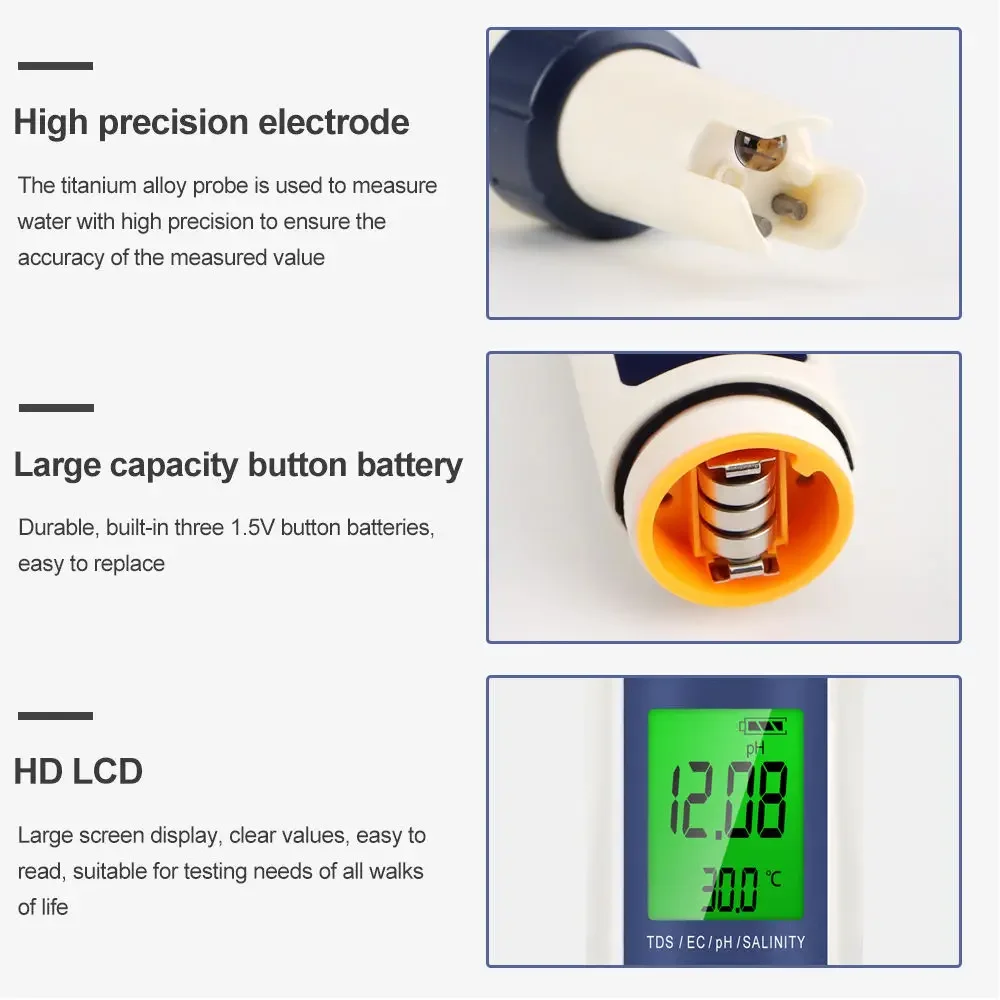 ポータブル 5 in 1 TDS/EC/PH/塩分/温度計デジタル水質 PH テスター、プール、飲料水、水族館用