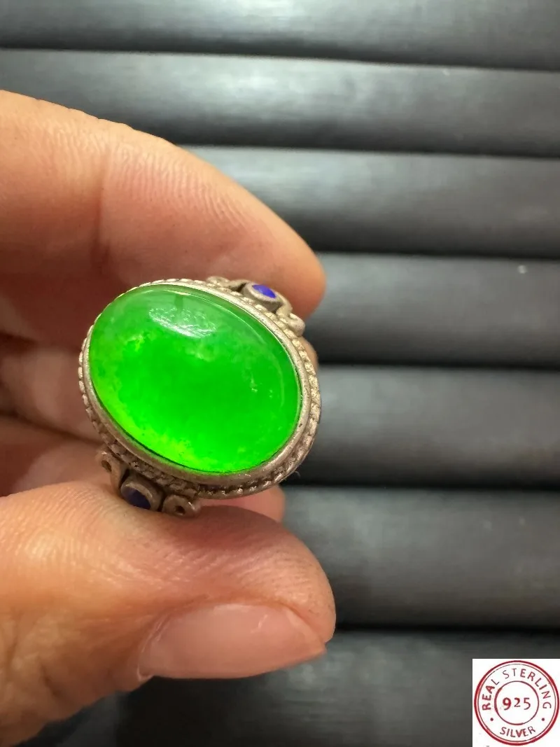 

Tibetan Silver Cloisonne Ring, Inlaid Green Star Gemstone, Retro Ethnic Style, Adjustable Open Band, Unisex Vintage Finger