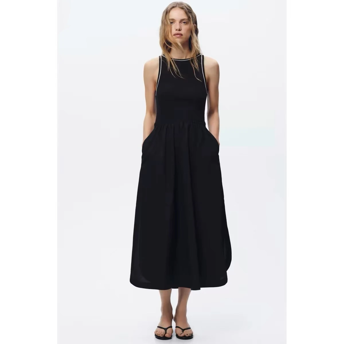 

YY2679 25 Spring New Women's Splicing Sleeveless Round Neck Midi Fashion Waist Dress 8372046