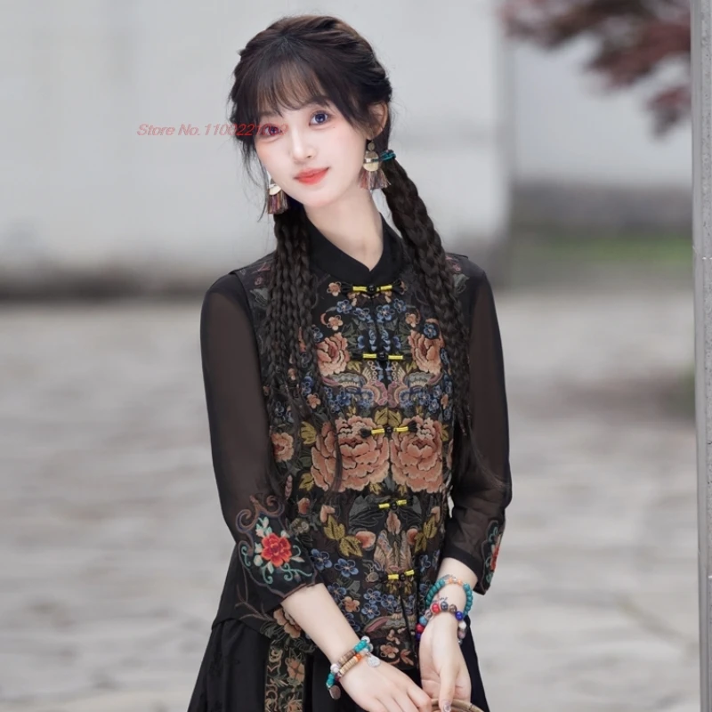 

2025 chinese vintage vest national flower embroidery satin jacquard waistcoat retro sleeveless jacket stand collar folk vest