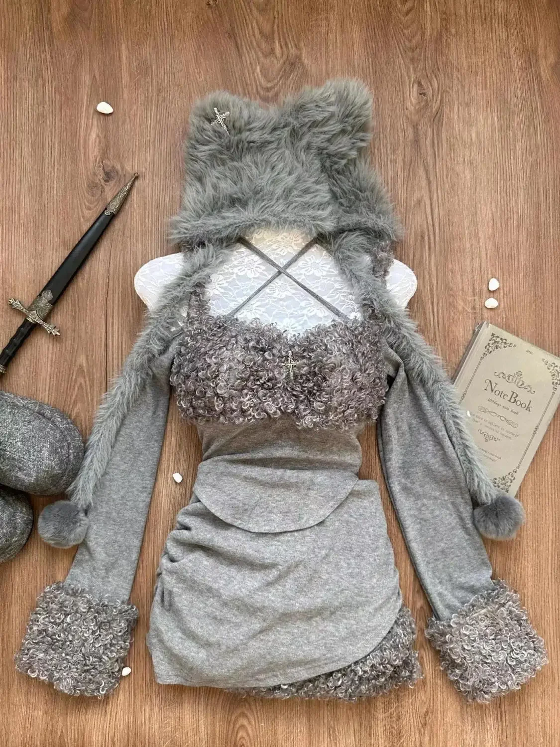 

Trend Hottie Streetwear Plush Patchwork Slim Waist Off Shoulder Irregular Top + Low-waisted Skirt Two Piece Sets Womens Outifits