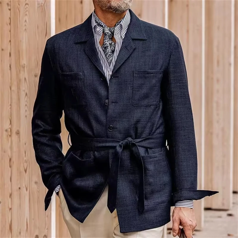 Men's Linen Belted Blazer Notch Lapel Slim Fit Summer Breathable Lightweight Suit Coat Business Casual Outfit for Wedding Beach