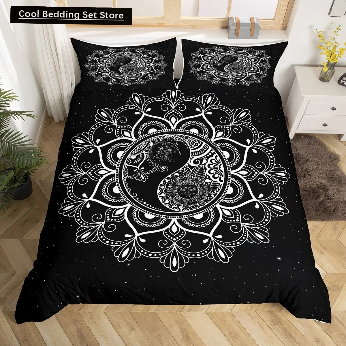 Yin Yang King Queen Bettbezug Mandala Bohemian Bettwäsche Set Retro Lotus Tai Chi Bagua Trösterbezug Chinoiserie Bettbezug