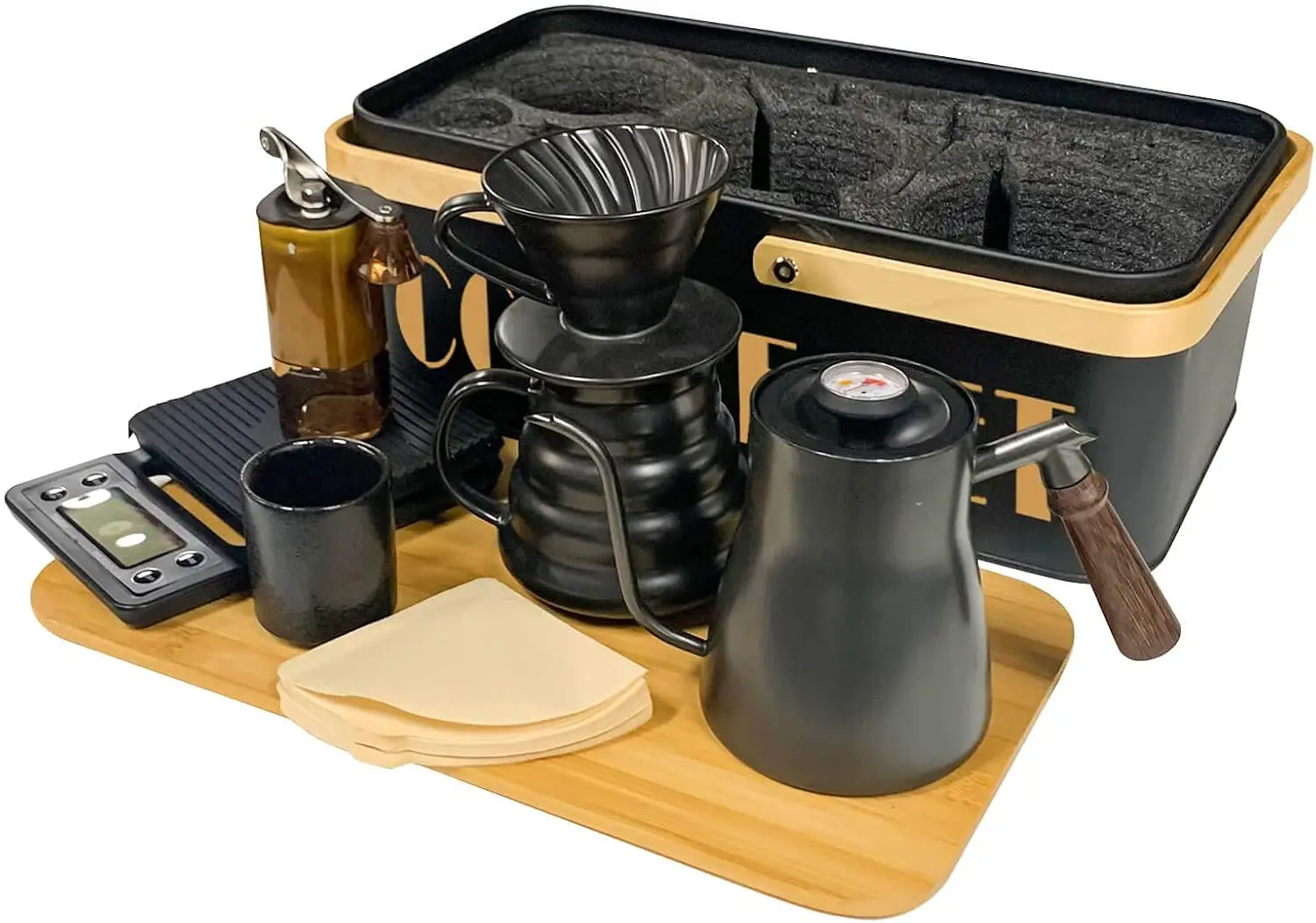 Juego de cafetera para verter sobre, hervidor de café, báscula, servidor de cerámica, taza de goteo, molinillo de granos, filtro de papel, taza de cerámica, todo en