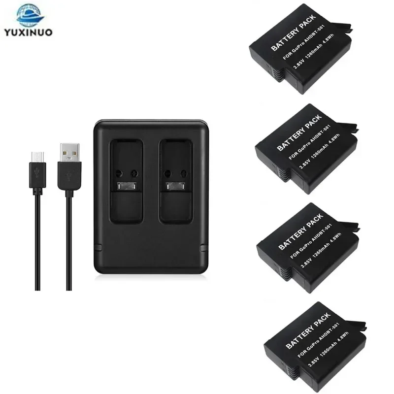 

3.7V 1250mAh AHDBT-501 Battery + Dock Station USB Dual Charger Kit for GoPro Hero 7 6 5 Black Go Pro 8 Action Camera Accessory