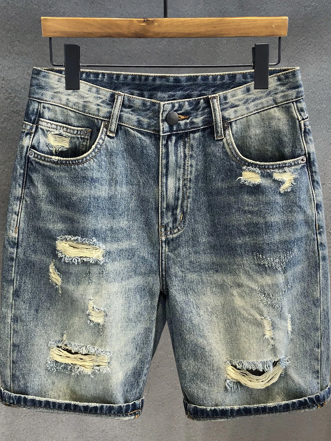 

Retro Waed Ripped Denim orts Men's Summer Thin Trendy Loose Straight Casual Five-Quarter Pants Youth Faion Straight Leg