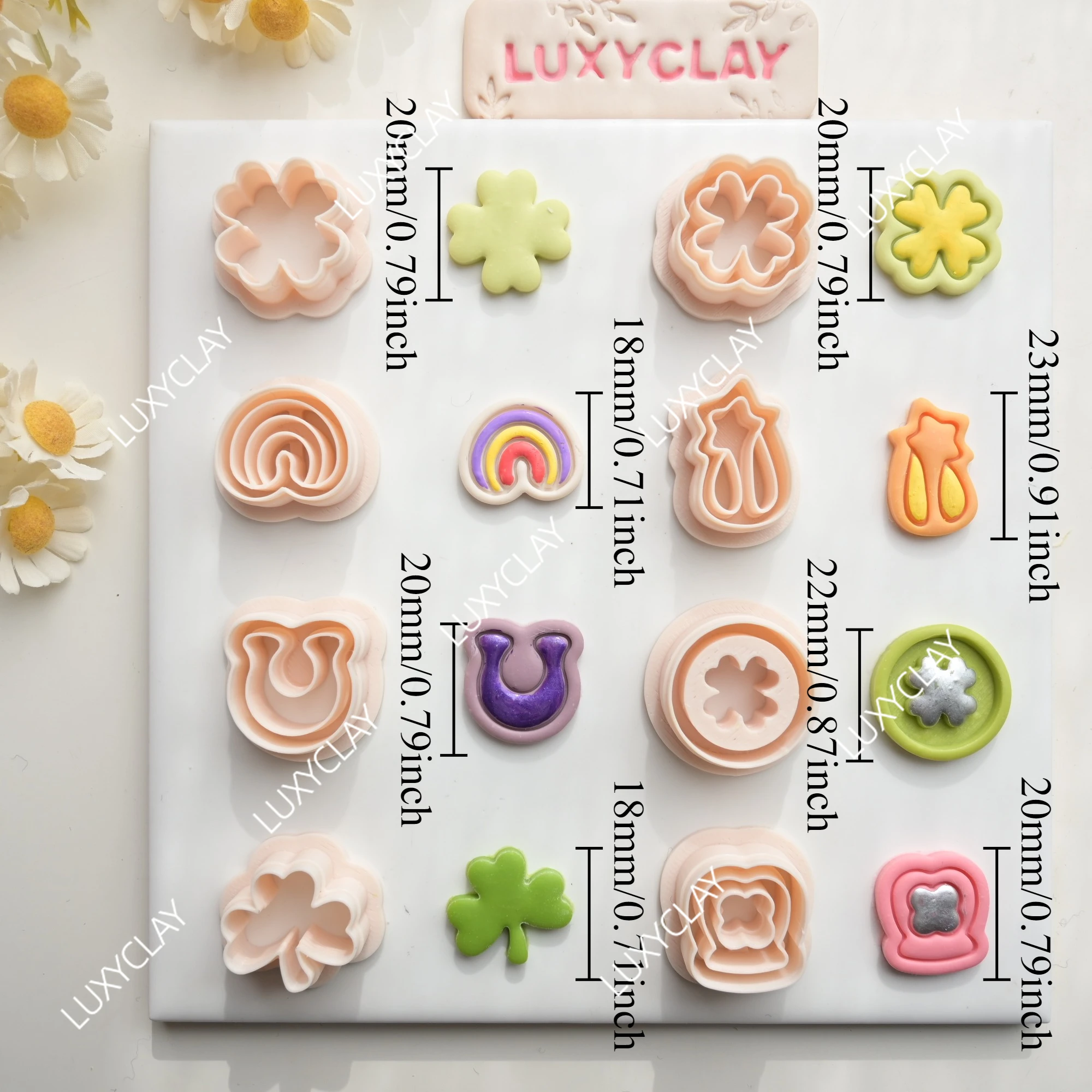 8pcs Lucky Charms Polymer Earrings Clay Molds, St. Patrick's Day Clover Shape Clay Cutters for DIY Pendants Jewelry Making