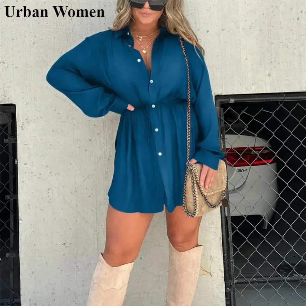 

Autumn Casual Solid Shirt Jumpsuit Women Fashion Button Long Sleeved Loose Shorts Jumpsuit Women