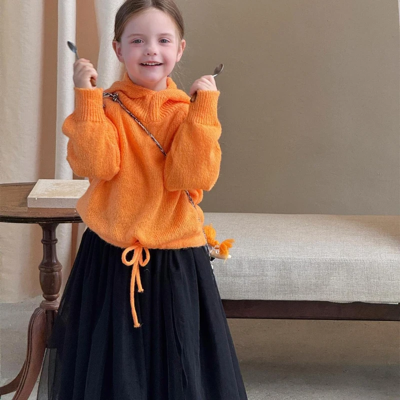 

Осень 2023, новый мягкий липкий однотонный вязаный свободный ленивый свитер с капюшоном для девочек