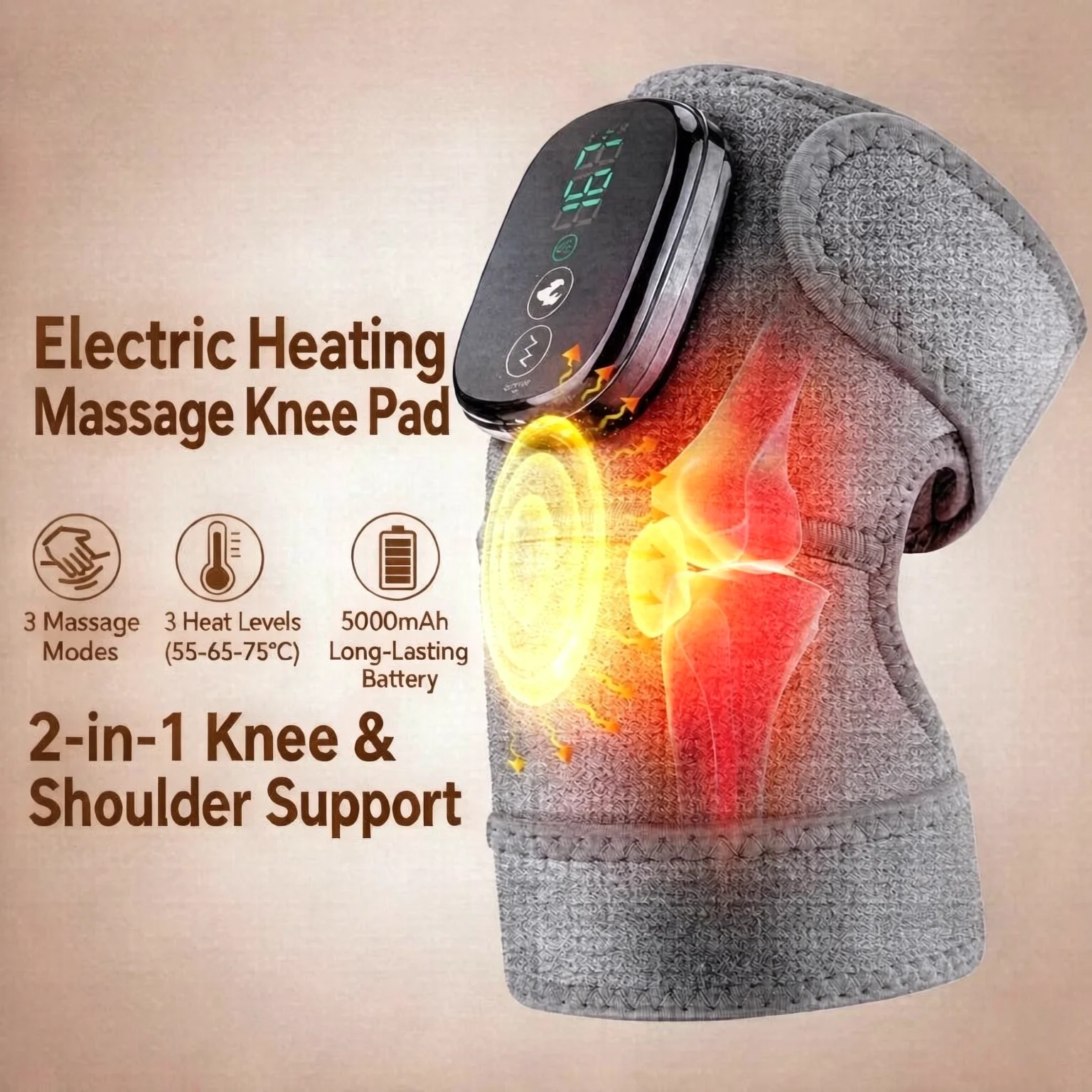 Electric Heated Knee Pad Wrap 5000mAh USB Rechargeable 3 Levels Heating Vibration Warm Brace for Knee Shoulder