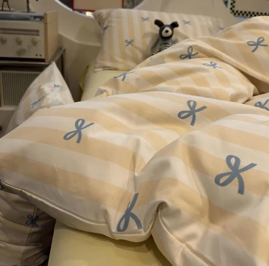 

Романтический милый комплект постельного белья в полоску с бантом для подростков, двойной полный королева, милый простой хлопковый домашний текстильный комплект, наволочка, пододеяльник