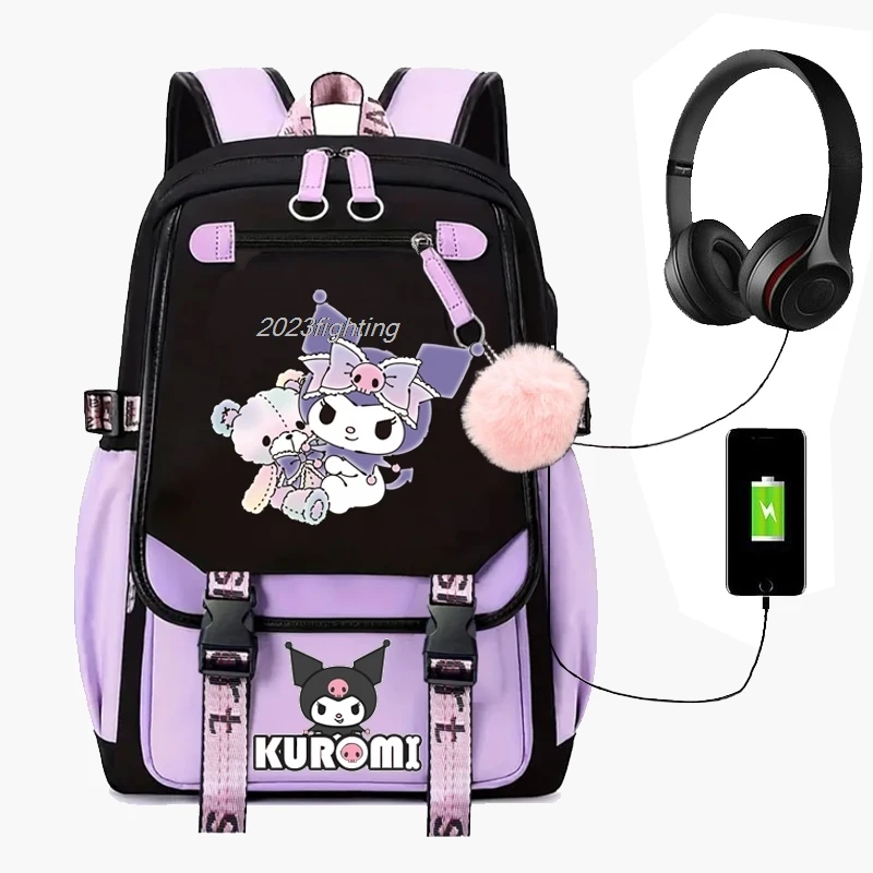 Urocze plecaki z melodią Kuromi Cosplay Unisex szkolna torba patchworkowa kreskówkowy tornister laptopa podróżna mochile