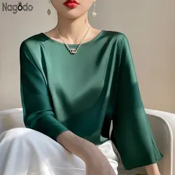 Blusa de satén de seda para mujer, camisa elegante de alta calidad con cuello redondo, talla grande, Tops holgados de oficina, 6 colores, novedad de verano