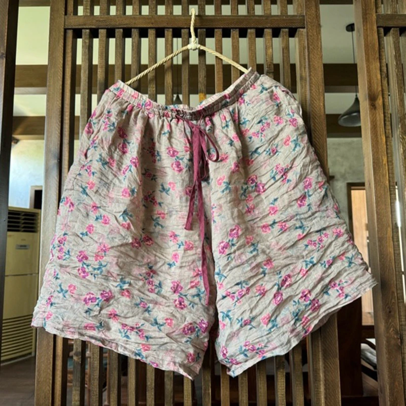 100% lin femmes Shorts décontracté nouveauté 2025 été Style Vintage imprimé fleuri ample confortable femme pantalons courts T478