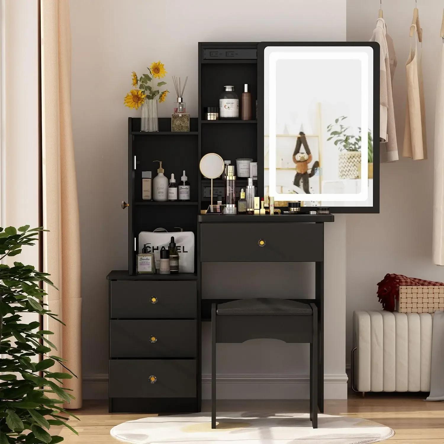 NEW Vanity Mirror with Lights Desk and Chair, Vanity Desk with Sliding Lighted Mirror, Makeup Vanity with Lights, Drawers USA image 2