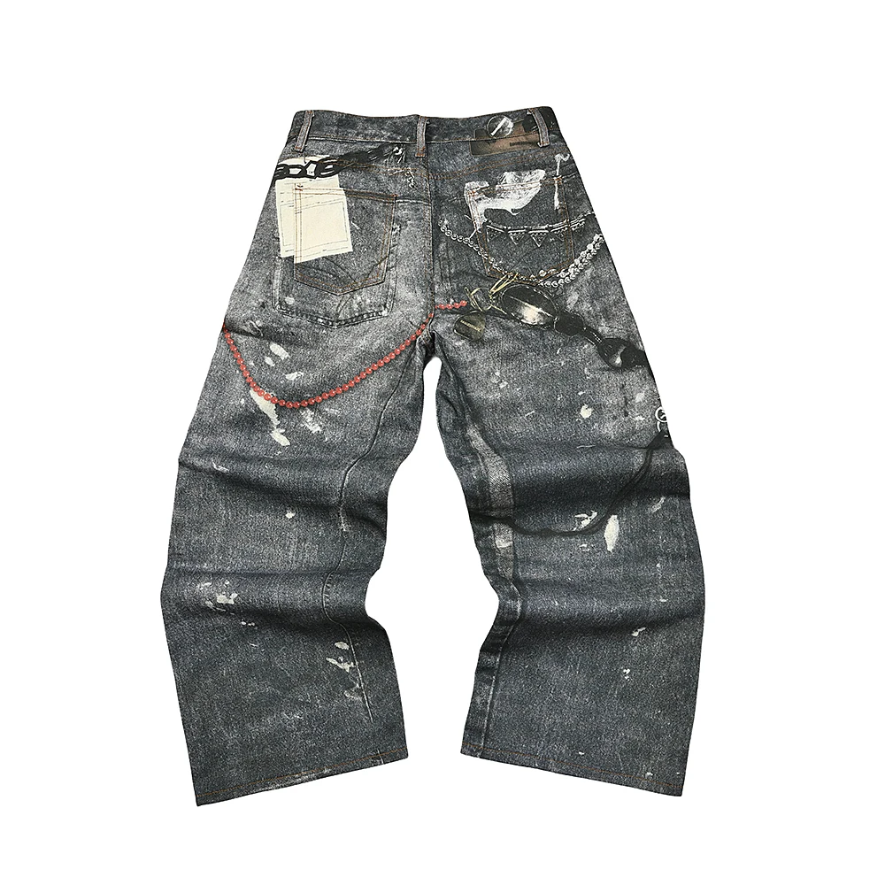 خمر سلسلة طباعة المرقعة فضفاض سراويل جينز للرجال مستقيم جينز فضفاض غير رسمي المتضخم Ropa Hombre البضائع السراويل #4