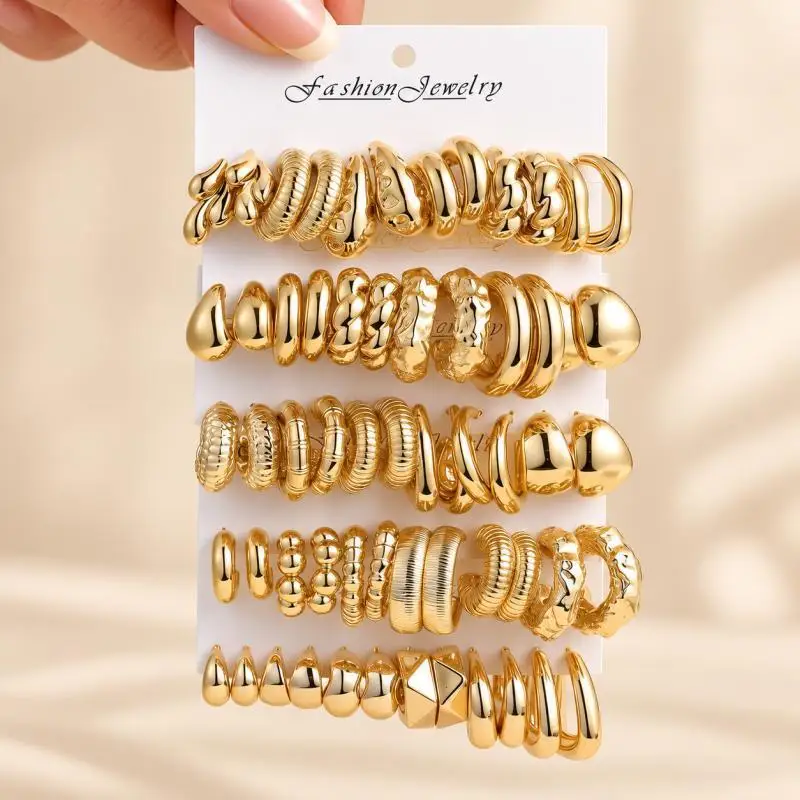 Golden Hoop Earrings Set for Women, Chunky Huggie Hoops, Ear Cuffs, Twisted Statement Earrings, Trendy Multipack Jewelry