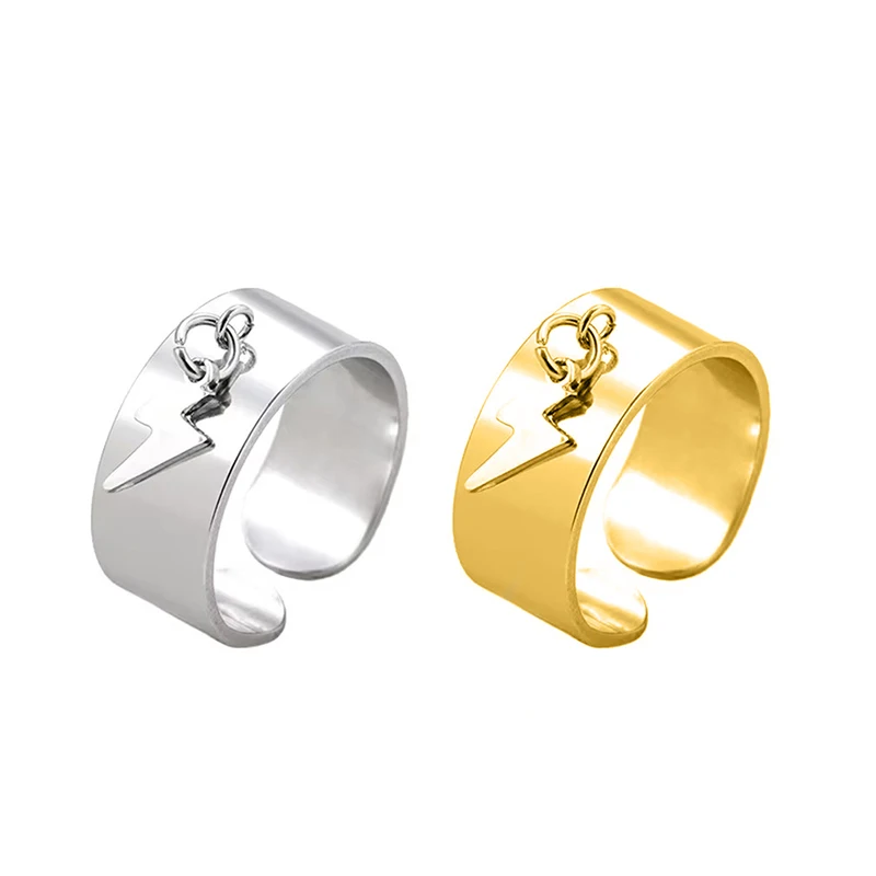 Hip Hop Thunder Lightning Charm Ring Adjustable Wide Stainless Steel Rings For Men Party Jewelry
