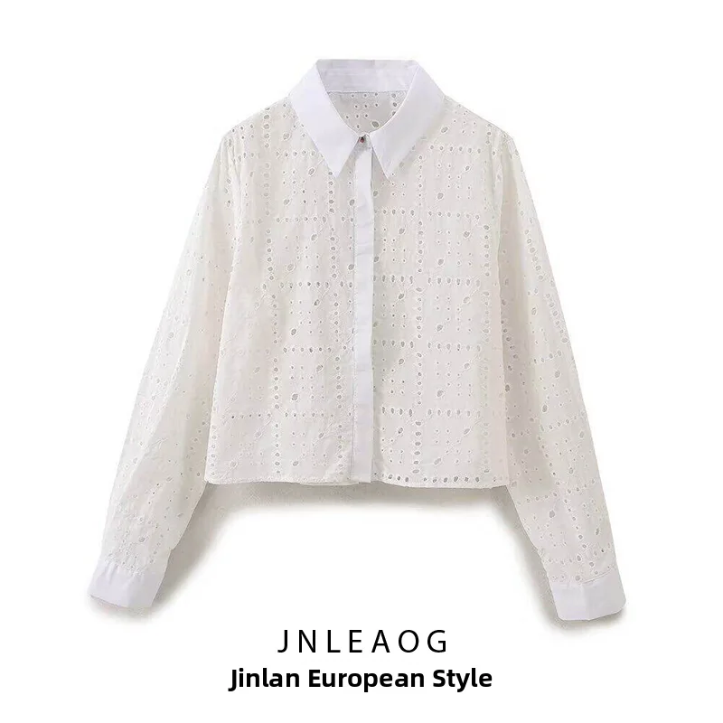 

JNLEAOG Spring New Women's Fashionable Embroidered Hollow out Shirt Polyester Short Sleeve Flip Collar Regular Fit Polyester ...