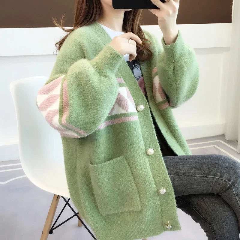 Chenille Imitation Mink Fleece Coat Women\'s Sweater Fat MM Knitted Cardigan Korean Version Loose And Lazy Top Button Jacket Pink