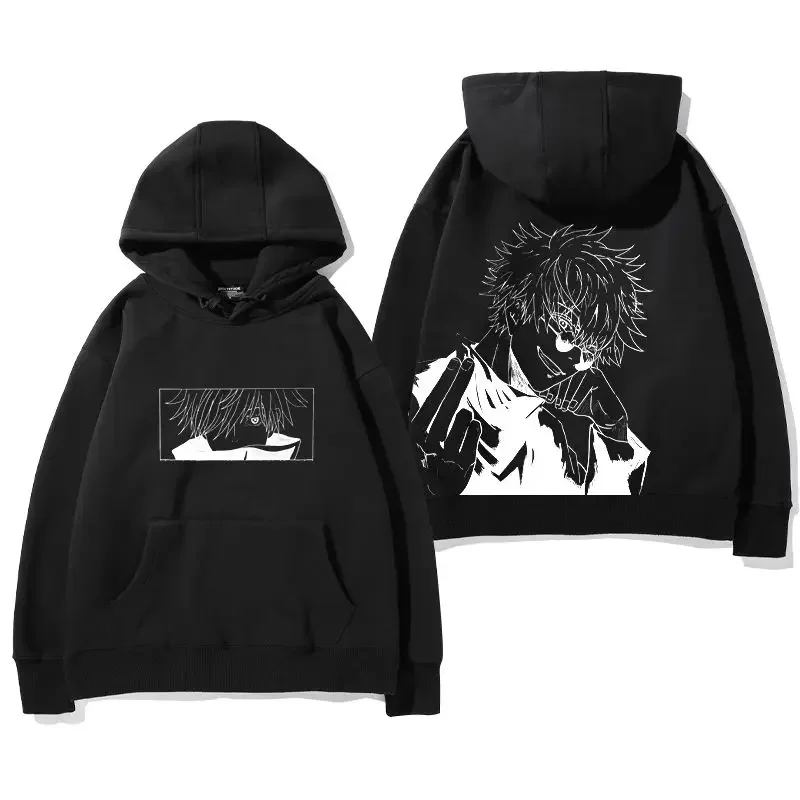 Jujutsu Kaisen Sudadera con capucha con texto en el pecho en la espalda Personaje de anime Estampado Diseño de pelo puntiagudo Bolsillo de canguro Forrado polar Moda de anime ​