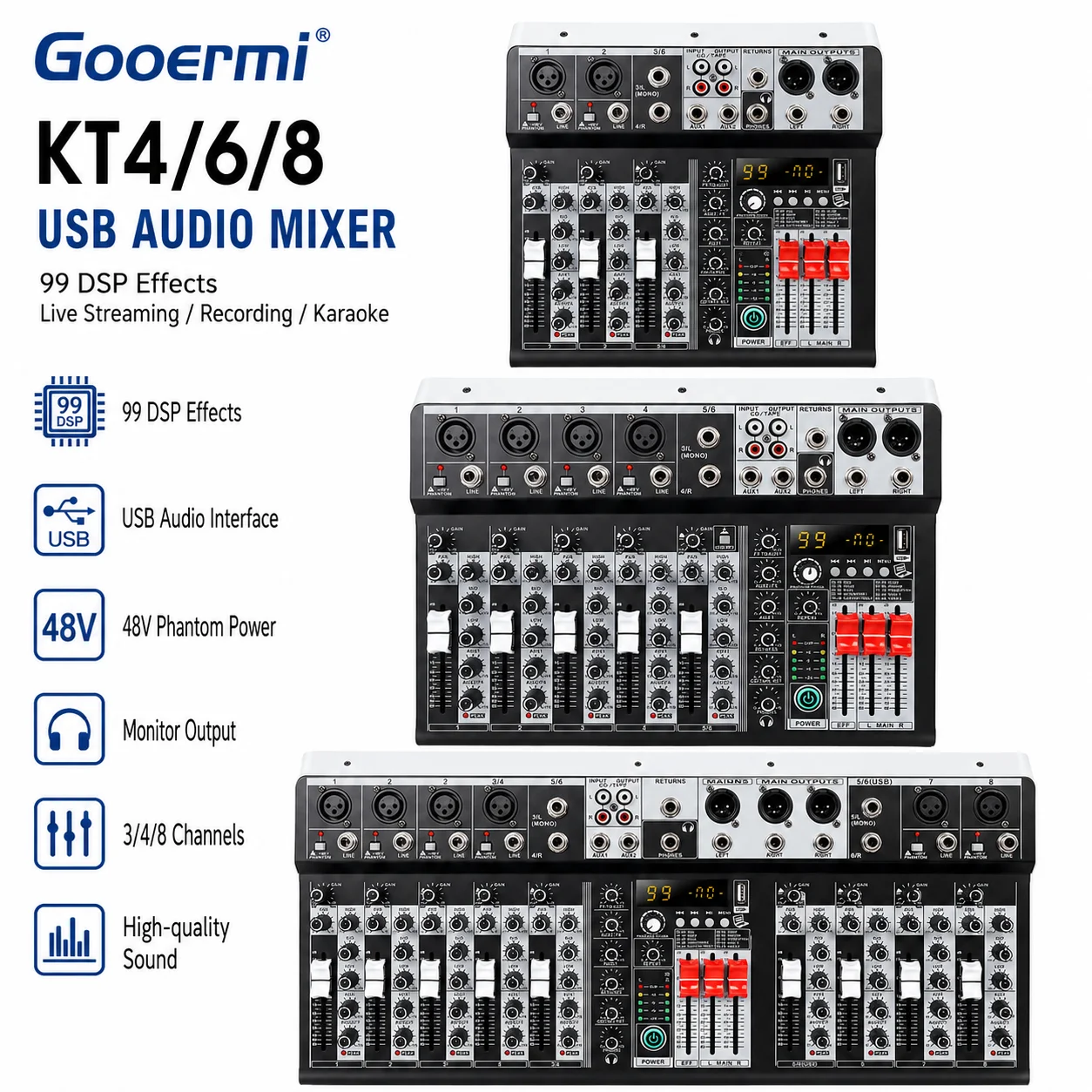 GOOERMI  KT4/6/8 USB Audio Mixer Sound Card with 48V Phantom Power 99 DSP Effects for Live Streaming Recording Karaoke