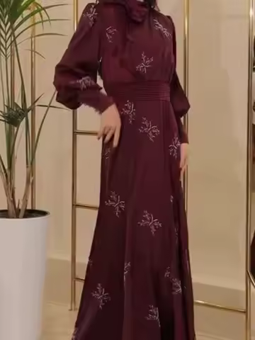 Elegant Sweet Pattern Print Evening Dress Women Casual Lantern Sleeve Party Dress Fashion Half High Collar Bow Tie-Up Long Dress