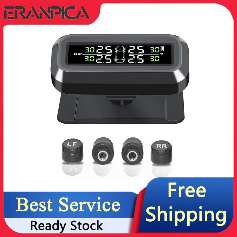 Eranpica Smart Alarms System Solar/USB TPMS Tire Pressure Monitor System With Digital Gauge For Cars External/Internal 4 Sensors