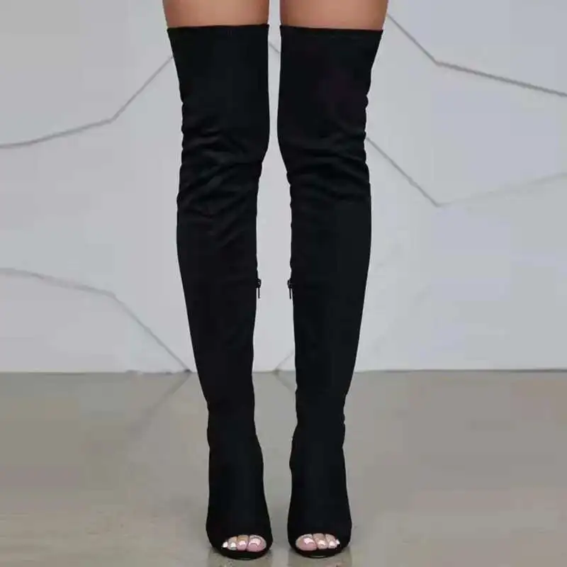 

Black Suede Peep Toe Women Over The Knee Boots Stiletto Heels Open Toe Thigh High Boot Women's Shoes