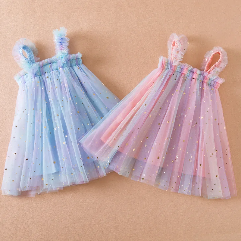 Girls Suspender Mesh Curled Princess Baby Dress Rainbow Festival Stars Dress Casual Girls Clothes 1-5Y