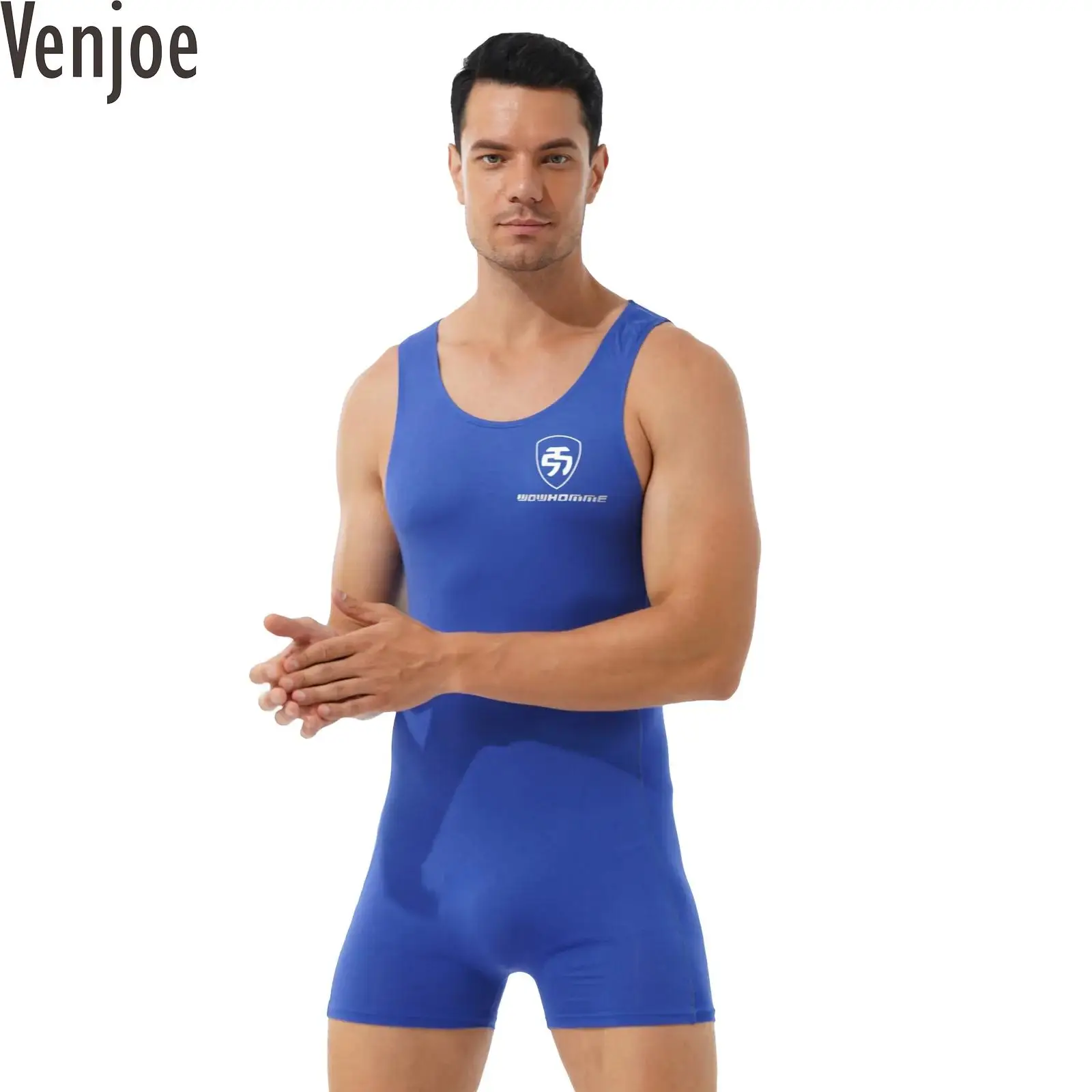 

Men Round Neck Sleeveless Workout Sport Bodysuit Athletic Wrestling Short Jumpsuit Gymnastics Fitness Leotard Boxers Nightwear