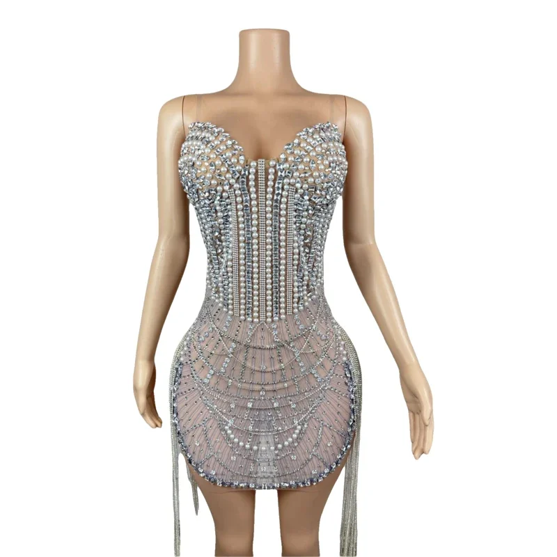 럭셔리 진주 파티 드레스 라인스톤 드레스 여성 가수 고고 의상 재즈 의류 무대 의상 갈라 의상