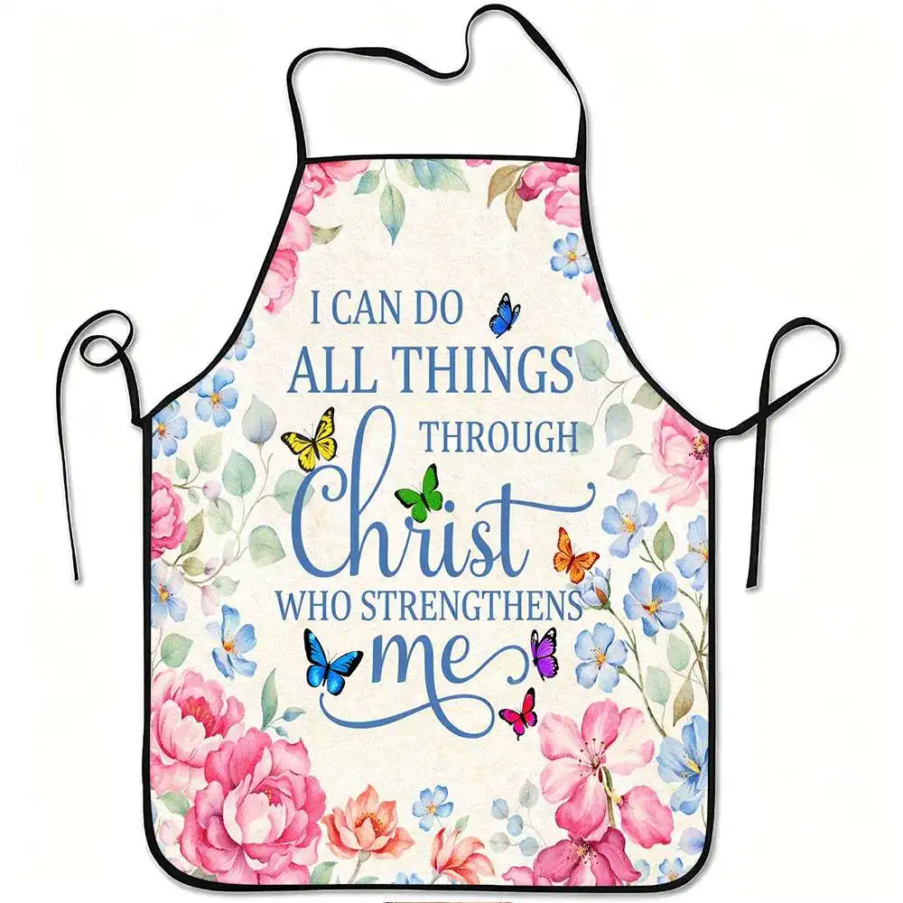 1pc of an Apron Featuring a Christian Motivational Quote with a Floral And Butterfly Design, Made from Durable And Easy-To-Clean