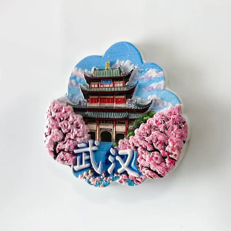 3D Resin Fridge Magnet Wuhan Yellow Crane Tower Cherry Blossom Design Home Decor Room Magnet Nevera