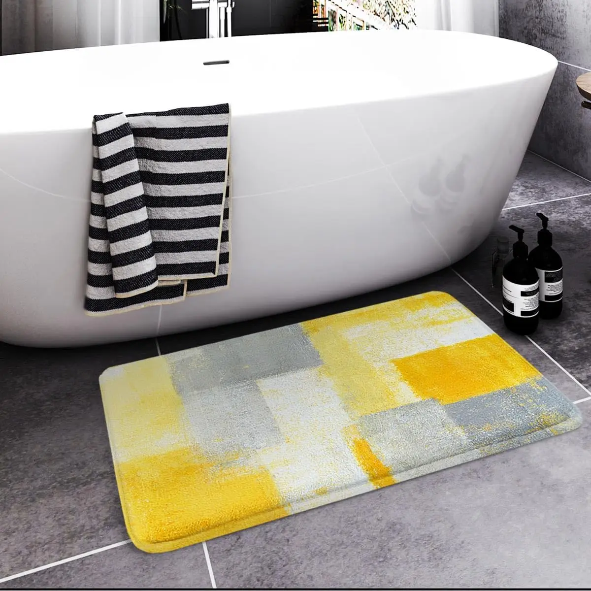 Tappetino da bagno con graffiti astratti gialli e grigi – Tappeto da pavimento geometrico antiscivolo per bagno, cucina e decorazioni per interni