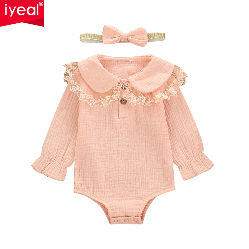 IYEAL Baby Girl Bodysuit Cute Lace Turn down Collar Princess Puff Sleeves Jumpsuit Cotton Clothes For Kids Newborn Girls Outfits